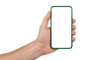 Isolated hand holding a modern mobile phone, cellular device displaying blank screen, no people