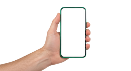 Isolated hand holding a modern mobile phone, cellular device displaying blank screen, no people