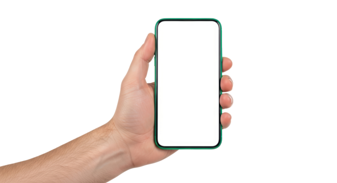 Isolated hand holding a modern mobile phone, cellular device displaying blank screen, no people