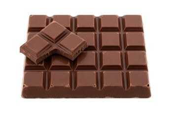 Close-up of a chocolate bar with a piece broken off, showcasing its smooth texture and shiny finish