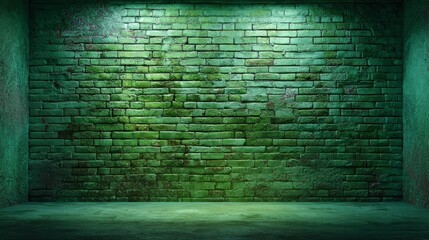 Green mossy brick wall in dimly lit empty room