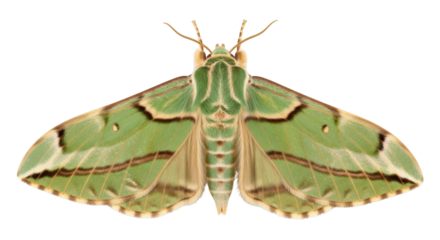Isolated Beautiful green and brown moth with wings spread open in a studio setting