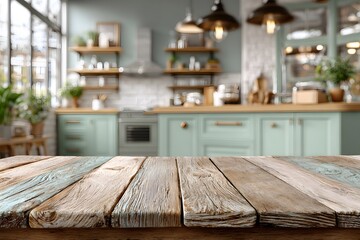 Empty, clean wooden tabletop is in the foreground, with a beautifully blurred modern farmhouse kitchen in the background featuring soft green cabinets.