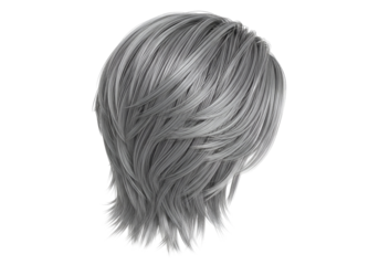 A detailed rendering of short, voluminous gray hair against a stark black background.