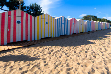 wooden coast colored beach huts changing room on island oleron french isle in atlantic coast
