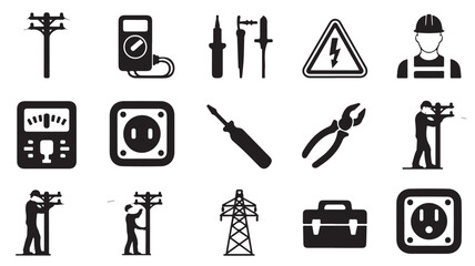 Electrician and electrical work icons with tools safety gear meter outlet and transmission tower in black silhouette style