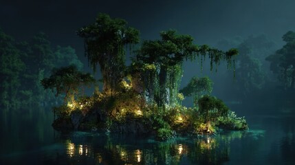 Obraz premium A lush island with trees and glowing lights in a dark lake under a night sky, creating a magical and enchanting scene