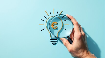 Euro currency idea concept with lightbulb and magnifying glass for financial analysis and investment research