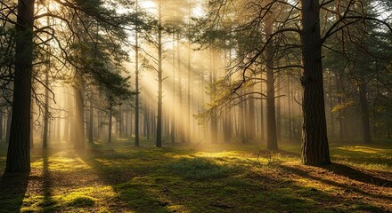 Obraz premium Sunlight through forest trees