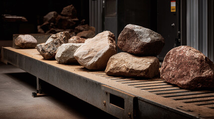 A collection of differently sized and colored rocks rest on a corroded metal track in a warehouse or industrial setting. Contrasting textures and earthy tones.