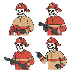 Skeleton firefighters in various poses, holding hoses and pointing