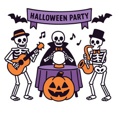 Skeletons playing music at Halloween party with pumpkin and bats