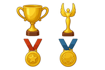 Vector set of golden awards. 3D cartoon trophy cup, statuette, and medals with star and laurel wreath. Winner prize for first place, achievement, victory, and success.