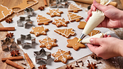 A person's hands decorate gingerbread cookies with white icing using a piping bag. The image showcases the festive tradition of holiday baking and decorating.