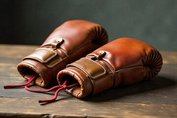 Vintage Leather Boxing Gloves Resting On A Rustic Wooden Surface With A Dark Background