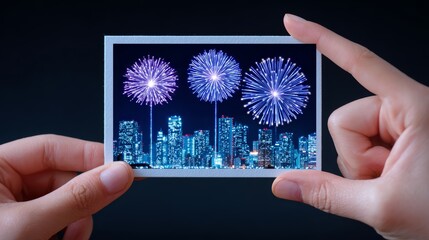 Fireworks over cityscape captured in hands holding a photo