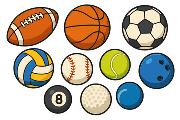 Sports balls vector icon set. Cartoon collection of game equipment for football, basketball, soccer, baseball, tennis, volleyball, bowling, and golf. Sport illustration.