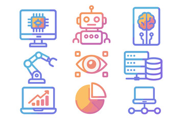Artificial intelligence and robotics gradient icon set. Machine learning, data science, computer vision and automation technology concepts. Vector icons for web and mobile.