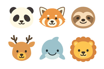 Cute animal faces set. Panda, red panda, sloth, deer, dolphin, lion head icons. Vector cartoon illustration collection in simple minimalist style for kids. Kawaii character design.