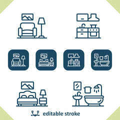 Home Icons. Living Room, Kitchen, Bedroom, Bathroom Icon