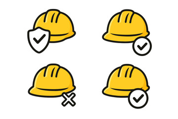 Safety helmet and hard hat icon set with security, approval, and rejection symbols. Vector cartoon illustration for construction work safety, head protection, and compliance.