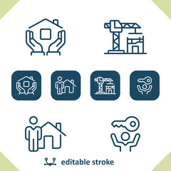 Real Estate Icons. House, Home, Hands, Construction Crane, Realtor, Key Icon