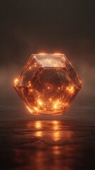 A luminous, hexagonal crystal, internally glowing with fiery orange and yellow light, hovers above a dark, reflective surface, emitting a soft, hazy glow