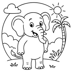 A delightful coloring page featuring a cute cartoon elephant in a tropical scene with a palm tree, sun, and clouds.