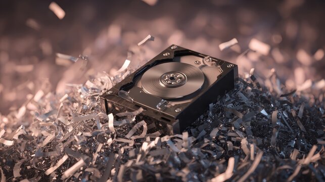 Hard drive on metallic shredded paper background