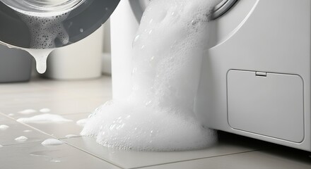 Close-up of bubbles flowing from a washing machine, showcasing a cleaning mishap.