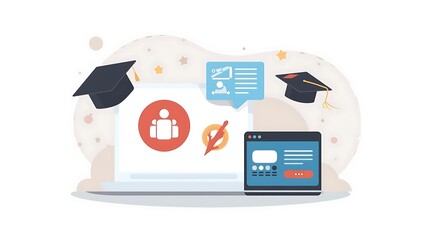 Illustration of online learning and education, featuring a laptop with educational icons, graduation caps, and a website interface.