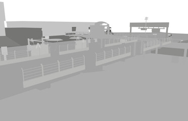 Naklejka premium Race track building silhouette with numerous windows, railings, and poles against a white background landscape.