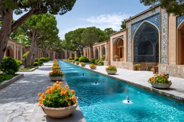 Tranquil courtyard with fountains and flowers in tomb of hafez, shiraz, iran