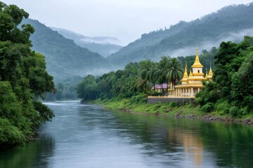Fototapeta premium Wat montains reflecting on the nam samoun river flowing through a green valley in muang khoun, laos