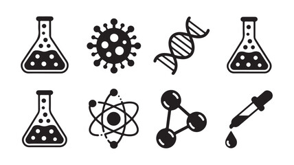 Science and lab icons with flask DNA atom molecule virus and dropper in black silhouette style