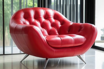 Stylish Red Leather Armchair with Tufted Design