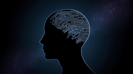 Silhouette of a human head with a circuit board pattern representing the brain, symbolizing artificial intelligence and technology.
