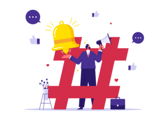 Social media marketing or online digital advertising campaign concept, hashtag followers or social strategy, businessman building hashtag on Social Media