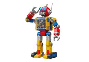 Colorful vintage robot toy with a transparent chest, standing in a playful pose against a white backdrop