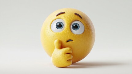 Fototapeta premium Pensive emoji pondering deeply, with a hand on its chin, eyes wide with curiosity and eyebrows furrowed in thought. A moment of contemplation.