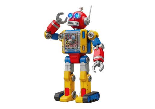 Colorful vintage robot toy with a transparent chest, standing in a playful pose against a white backdrop