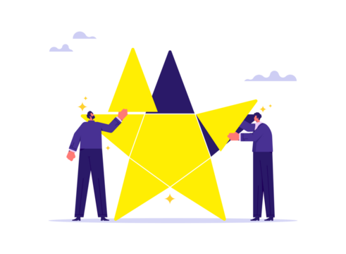 Teamwork or support to achieve business goal concept, partnership or manager mentorship to help success, business team connect golden star jigsaw metaphor of success