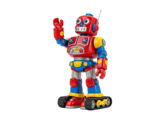 Colorful vintage toy robot waving cheerfully, set against a plain background, ideal for playful decor