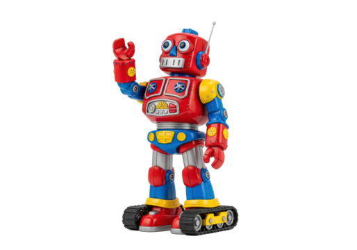 Colorful vintage toy robot waving cheerfully, set against a plain background, ideal for playful decor