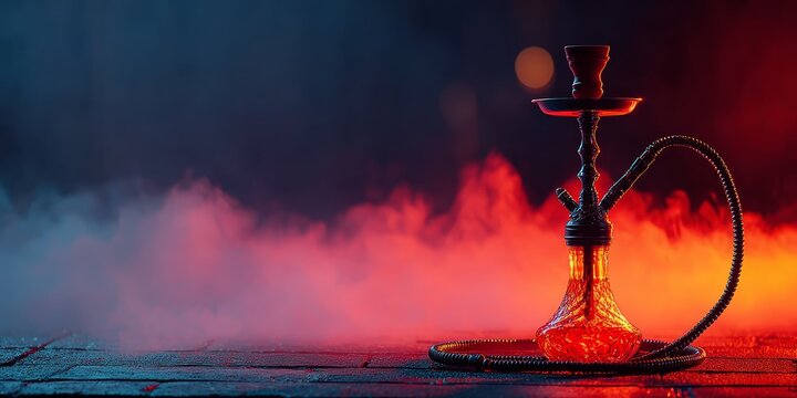Elegant hookah with smoke in mystical red and blue lighting on dark background