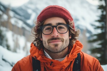 Man in Orange Winter Jacket and Red Beanie, Snowy Mountain Background