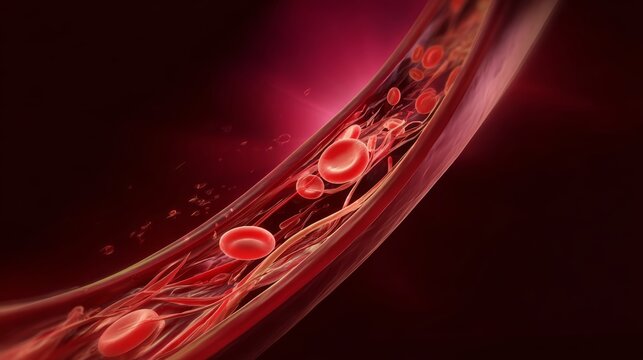 Red blood cells flowing through artery with veins and plasma