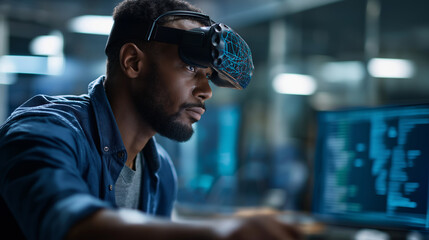 An African American engineer uses VR tools for machine learning coding neural network models screens glowing with data visuals a high tech workspace AI machine learning VR cod