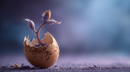 Fragile Beginnings: A tiny sprout emerges from a cracked eggshell, symbolizing new life and potential against a soft, dreamy backdrop.