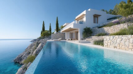 Fototapeta premium Modern Luxury Villa With Infinity Pool Overlooking The Sea. Coastal Retreat For Relaxation And Leisure